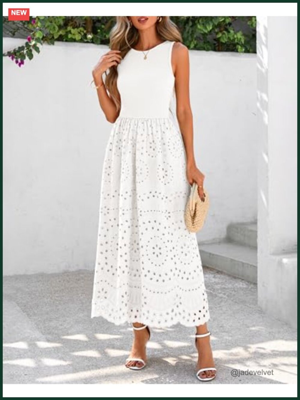 Sleeveless Lace Eyelet Cotton Maxi Dress with Pockets Boho Summer Sundress - Picture 5 of 6
